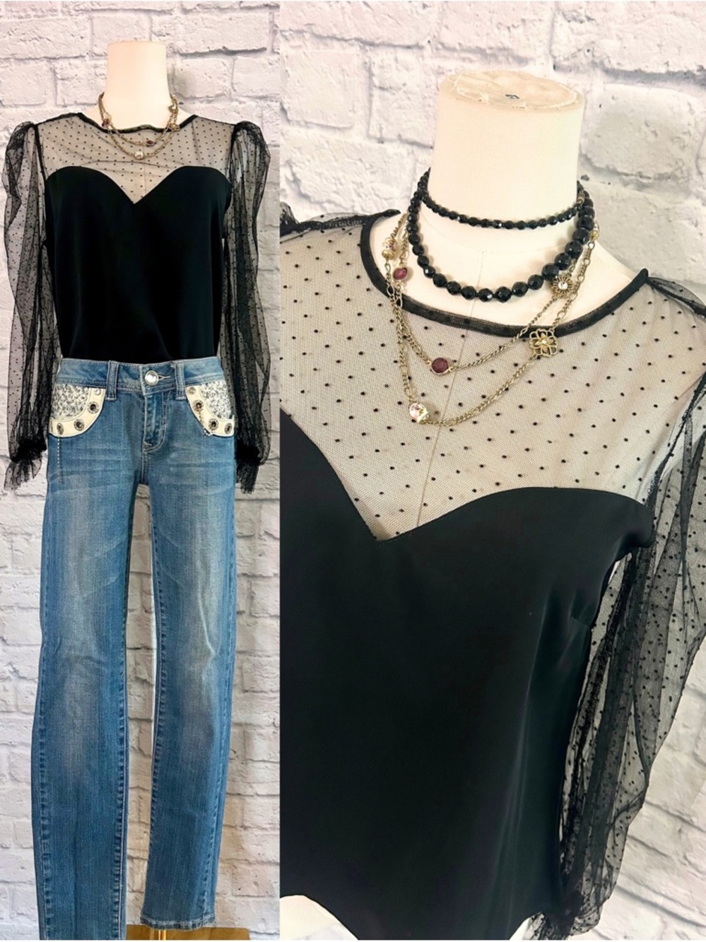 Y2K Black Polka Dot Blouse Sheer Illusion Long Sleeve Ruffle Sweetheart Neckline